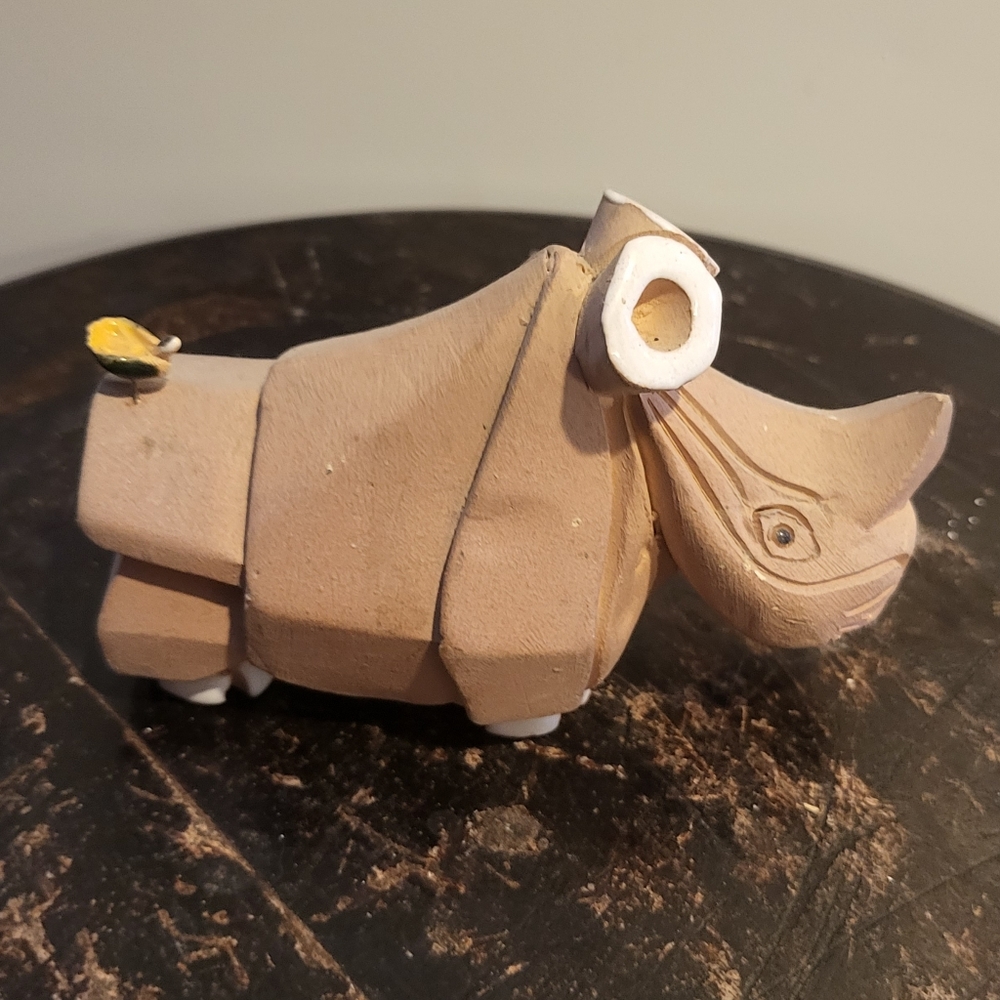 Signed Ceramic Rhino Rhinoceros With Bird 🦏 2.5”hx4.25”l